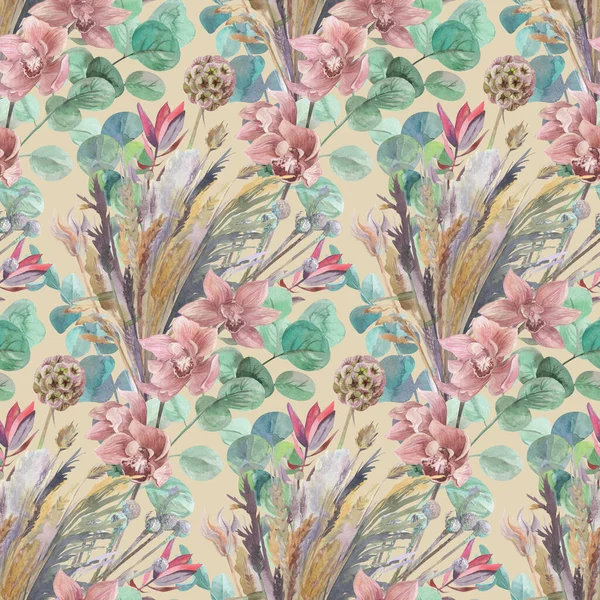 Seamless pattern with herbarium and orchid flowers on beige background — Φωτογραφία Αρχείου