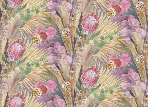 Χωρίς ραφή μοτίβο με ένα μπουκέτο αποξηραμένα λουλούδια με Protea λουλούδι και ξηρά φύλλα φοίνικα — Φωτογραφία Αρχείου