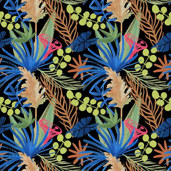 seamless pattern painted with dried flowers herbarium on black background