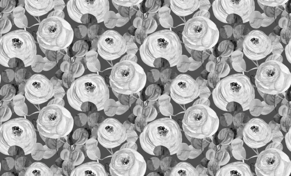 Textil akvarell sömlös mönster med ros blommor i svart och vita nyanser — Stockfoto