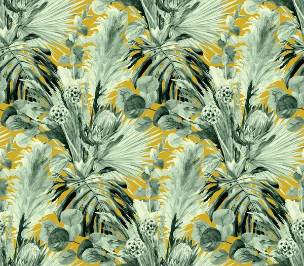 pattern with dry palm leaves with protea and monstera flower on ocher color background