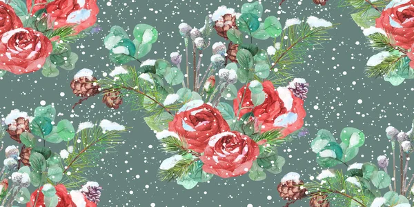 Nahtloses Muster mit Winter-Weihnachtsstrauß aus Rosen im Schnee — Stockfoto