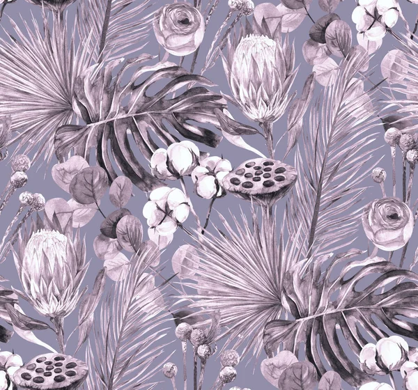 Сірий безшовний акварельний монохромний візерунок з гербарієм сухих пальмових листків з білком і квітками монстери — стокове фото