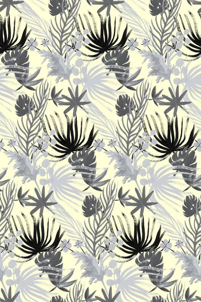 Motivo monocromatico tessile senza cuciture con fiori secchi tropicali in bianco e nero — Foto Stock