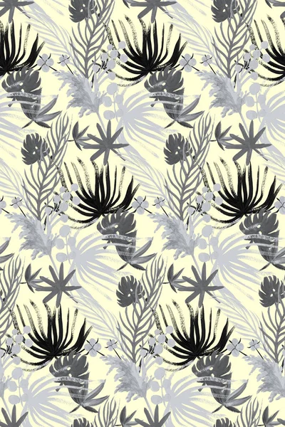 Monochrome textile seamless pattern with tropical dried flowers in black and white