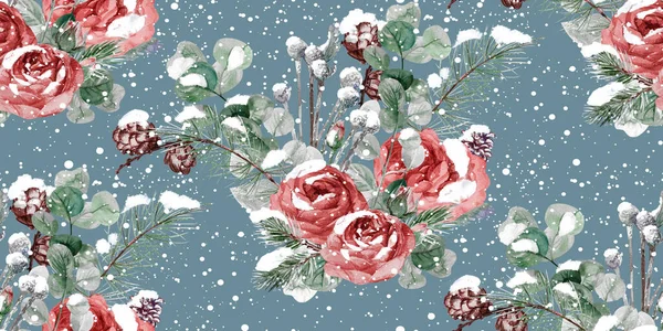 Vintage-Aquarell nahtloses Muster mit Winter-Weihnachtsstrauß aus Rosen — Stockfoto