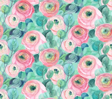 Ranunculus gülleri ve okaliptüs dallarıyla sulu boya desenleri.