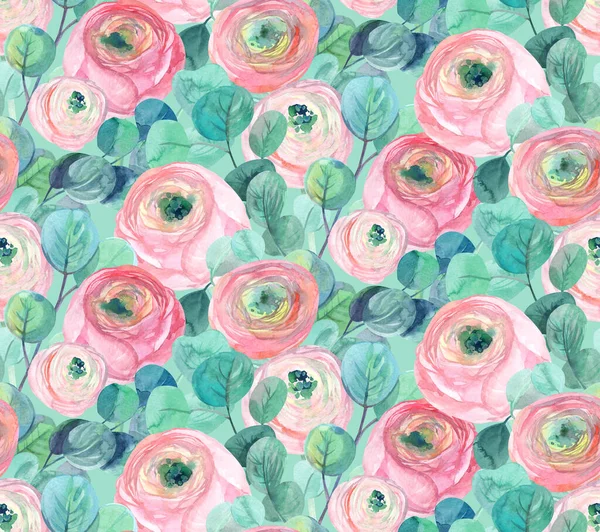 Delicate watercolor seamless pattern with Ranunculus roses flowers and eucalyptus branches — Stock Photo, Image