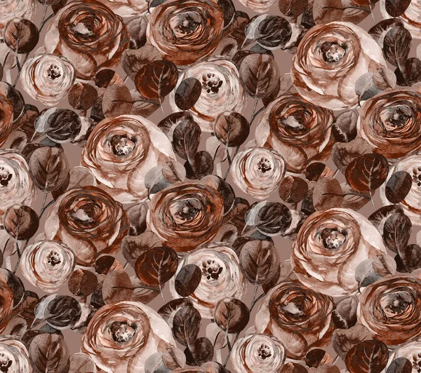Stiliserad brun retro akvarell sömlös mönster med torkade ros blommor — Stockfoto