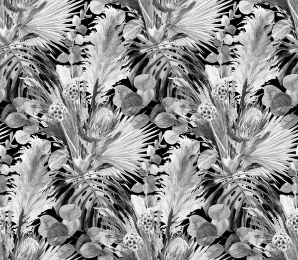 Svart og hvitt sømløst mønster med urtebarium av tørre palmeblader – stockfoto