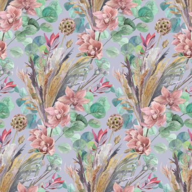 suluboya desenli yabani tarla kuru çiçekler ve boho tarzında orkide.