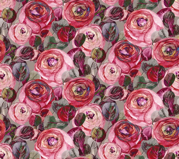Stilisiertes Retro-Aquarell mit nahtlosem Muster mit rosa Rosenblüten und Eukalyptuszweigen — Stockfoto