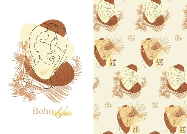 Uppsättning moderna mönster med porträtt av en flicka i en linje av kubism stätta med inslag av boho stil — Stock vektor