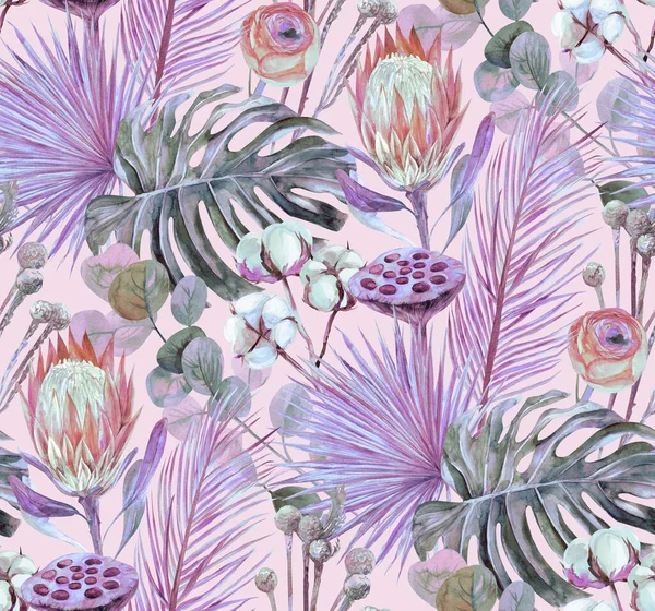 Tekstil için tropik kurumuş çiçeklerle suluboya moda deseni — Stok fotoğraf