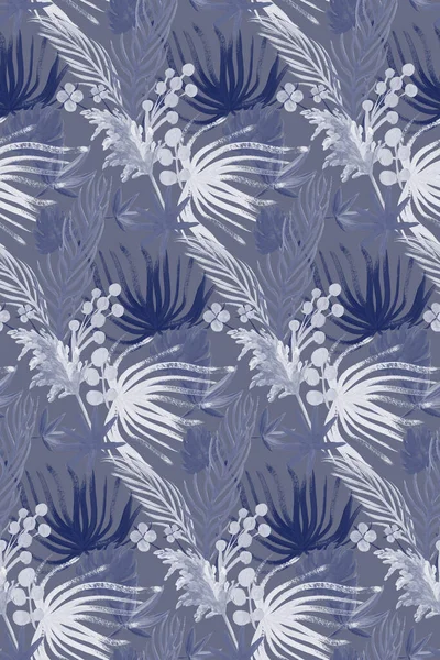 Senza soluzione di continuità modello monocromatico in tonalità blu tropicale pianta secca dipinta — Foto Stock