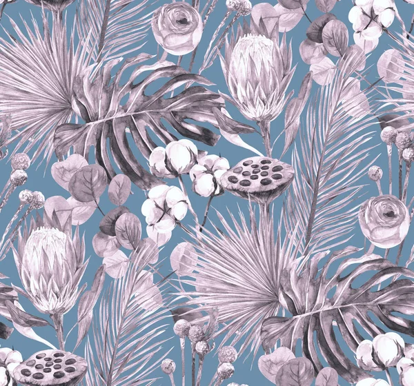 Μοτίβο με στεγνά κλαδιά φοίνικα με protea και άνθη monstera και κλαδιά βαμβακιού σε μπλε φόντο για υφάσματα και ταπετσαρίες — Φωτογραφία Αρχείου