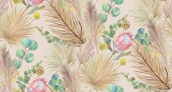 Protea çiçeği ve kuru palmiye yapraklarıyla kurumuş bir buket çiçekle modern, pürüzsüz desen.