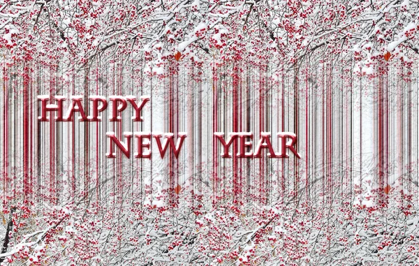 Νέο έτος ευχετήρια κάρτα ή πανό με χιόνι που καλύπτει Μηλιές — Φωτογραφία Αρχείου