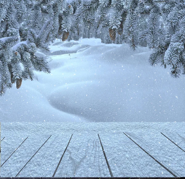 Märchenhafte Winterlandschaft Schneefall Frostigen Wald Schnee Und Raureif Bedeckte Tannenzweige — Stockfoto