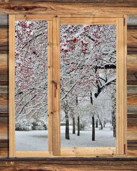Snörik vinterlandskap inom ramen för ett rustikt trä fönster. Stockfoto