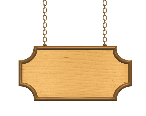Wooden signboard hanging on metalic chains