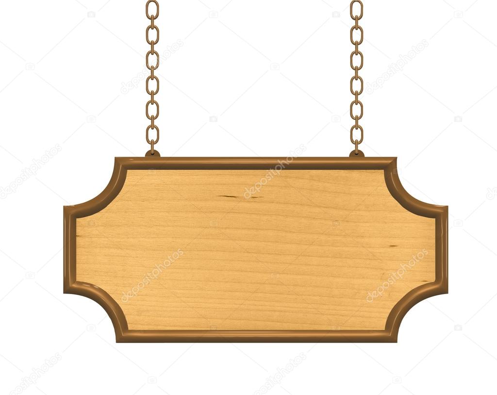 Wooden signboard hanging on metalic chains