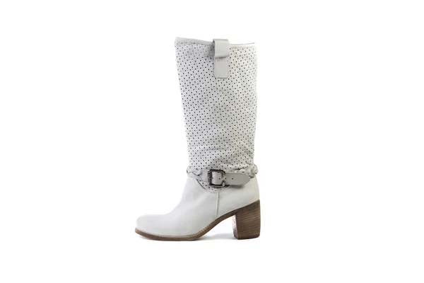 Bottes de printemps blanches pour femmes chaussures sur fond blanc, boutique en ligne — Photo