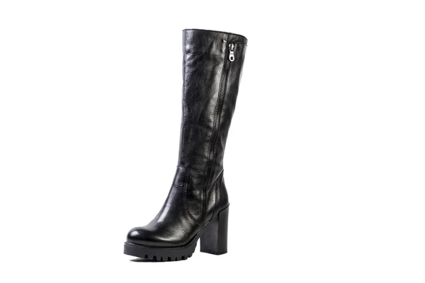 Preto feminino botas altas em um fundo branco, loja online — Fotografia de Stock