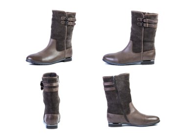 Beyaz bir arka plan üzerinde kadın ayakkabılar için ayakkabı bahar kahverengi çizmeler Kolaj, online alışveriş