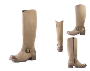 Beyaz bir arka plan üzerinde kadın ayakkabılar için ayakkabı bahar kahverengi çizmeler Kolaj, online alışveriş