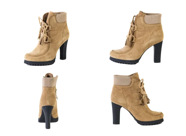 Bahar kolaj ayakkabı kadın ayakkabısı beyaz bir arka plan, kahverengi ayakkabı, süet çizmeler — Stok fotoğraf
