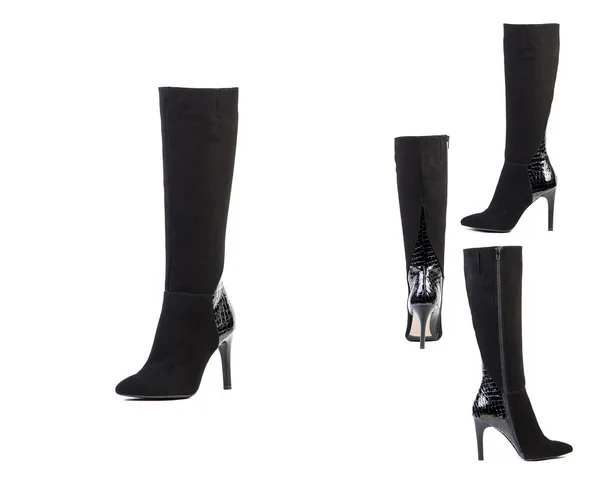 Collage von Schuhen Damenstiefel auf weißem Hintergrund, Wildlederschuhe Online-Shop — Stockfoto