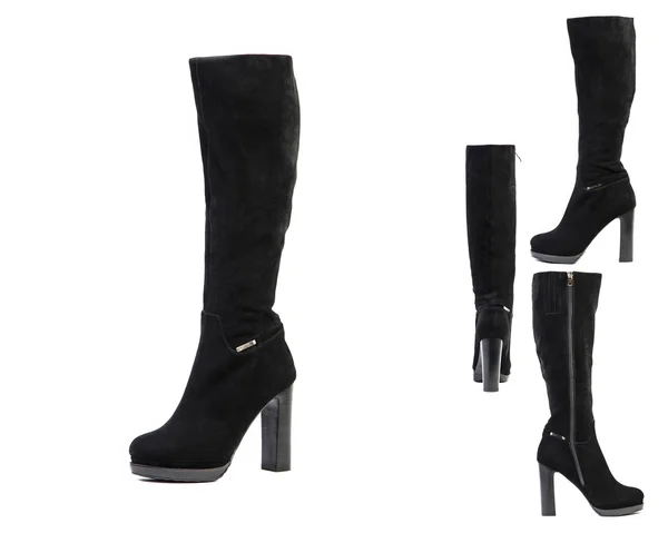Collage di scarpe da donna stivali su sfondo bianco, scarpe in pelle scamosciata negozio online — Foto Stock
