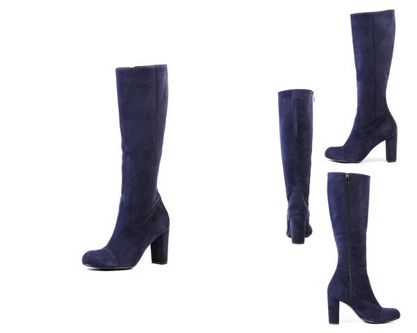 흰색 배경에 신발 블루 여성 부츠의 콜라주, 스웨이드 신발 온라인 상점 — 스톡 사진