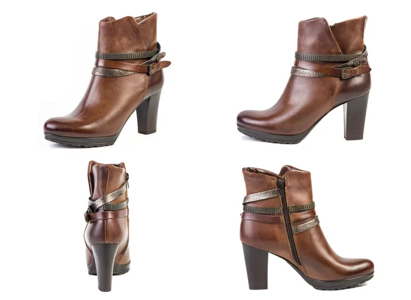 Collage av skor vårbruna stövlar för kvinnor skor på en vit bakgrund, webbshop — Stockfoto