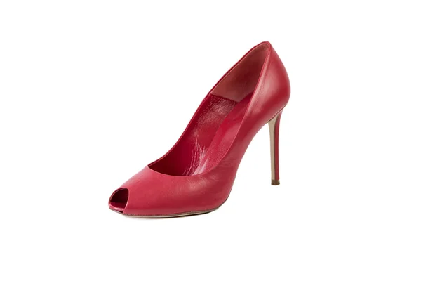 Červené dshoes na bílém pozadí, ženy stylová obuv, prodej online — Stock fotografie