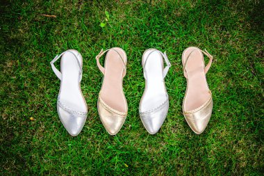 serebryan? e zolot? e ve sandal yeşil çimenlerin üzerinde reklam