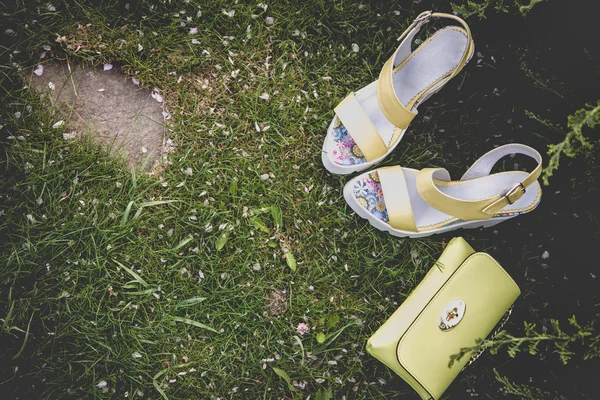 가벼운 여름 샌들 여성 자연, 신발 광고 — 스톡 사진