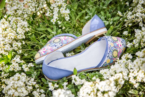 Sandales d'été lumière femelle dans la nature, chaussures publicitaires — Photo