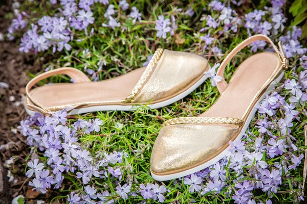 Gouden vrouwen sandalen met bloemen, reclame schoenen — Stockfoto