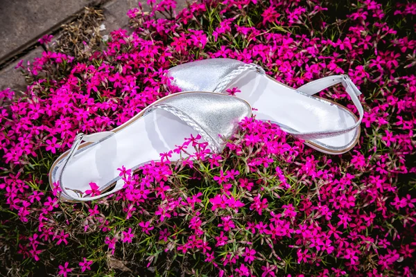 Lichte zomer sandalen vrouw in de natuur, reclame schoen — Stockfoto