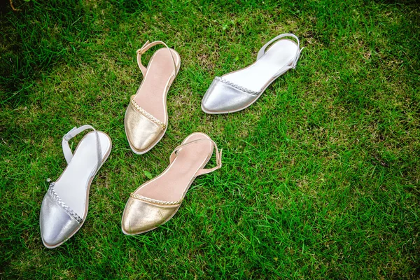 Serebryan? e zolot? e a sandály na zelené trávě, reklama — Stock fotografie