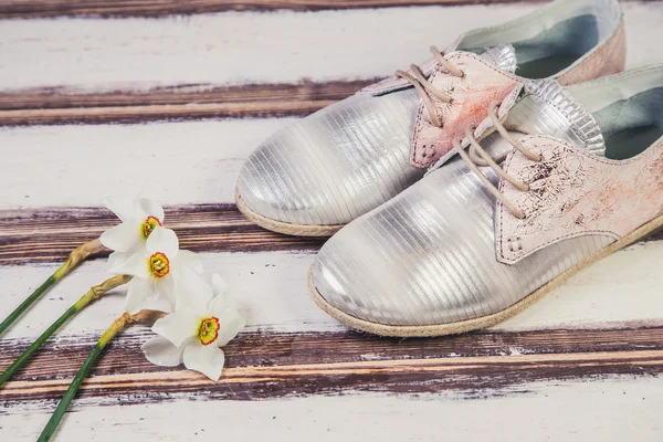 Sapatos de prata sapatos italianos mulheres — Fotografia de Stock