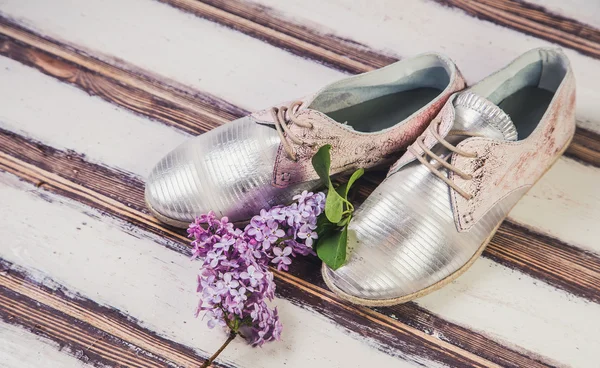 Silberne schuhe italienische schuhe frauen — Stockfoto