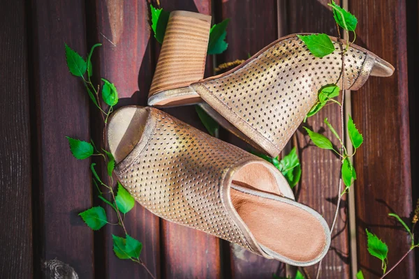 Zapatillas de oro femenino, fotos de publicidad vintage — Foto de Stock