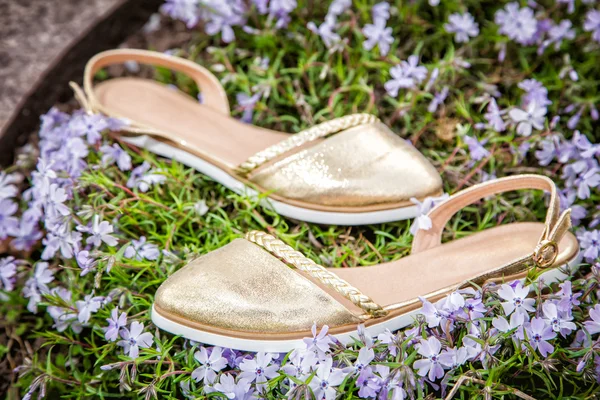 Gouden vrouwen sandalen met bloemen, reclame schoenen — Stockfoto