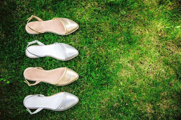 Serebryan?e zolot?e and sandals on a green grass, advertising — Stock Photo, Image