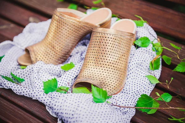 Female golden slippers, vintage advertising photos — Stock Photo, Image