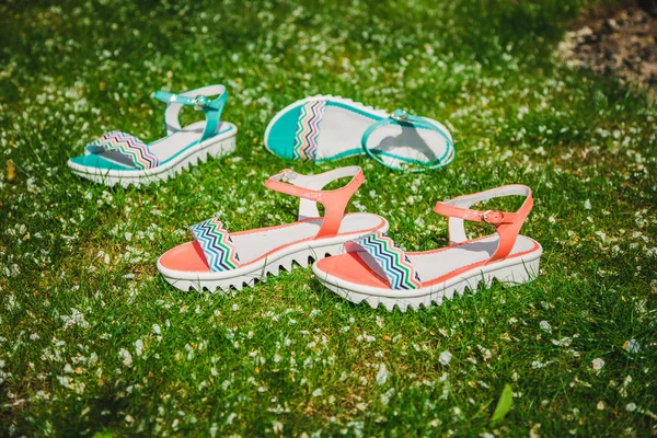 Dámské sandály na pozadí květin — Stock fotografie