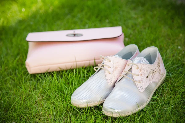 Pembe ve gümüş ayakkabı, pembe çanta — Stok fotoğraf